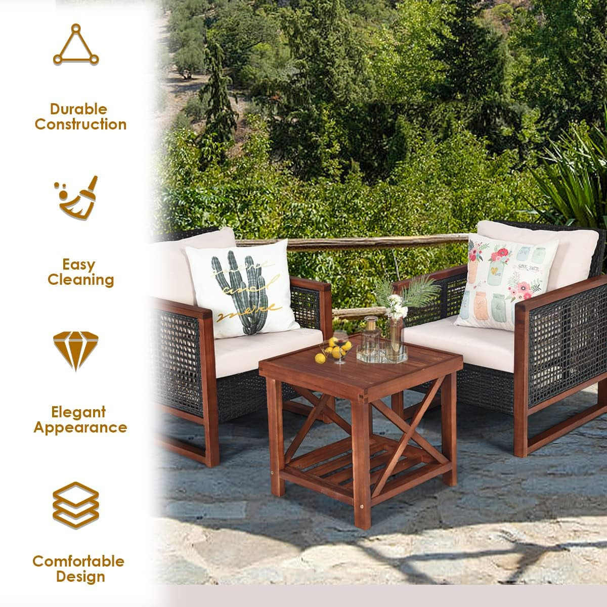 3 Pieces Outdoor Patio Furniture Set Wicker Chairs with Coffee Table, Balcony Porch Furniture Bistro Set with Wood Frame and Washable Cushions for Garden Poolside Backyard-4