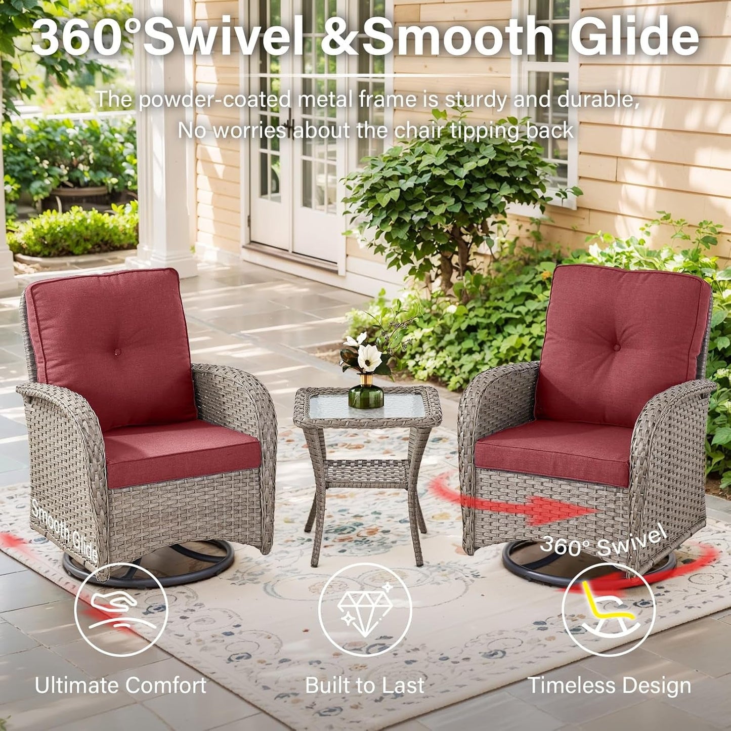 5 Pieces Wicker Patio Furniture Set - Swivel Rocker Outdoor Chairs with Ottomans and Side Table, Small Patio Conversation Set for Porch Deck Backyard Red-2