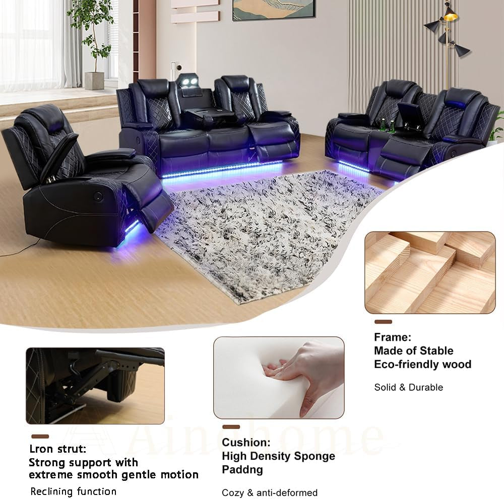 Luxury Living Room Furniture Sets Power Recliner Sectional Sofa Recliner Couch Set Recliner Leather Couch and Recliner Set Loveseat Chair for House/Office/Theater Seating(A-Black)-4