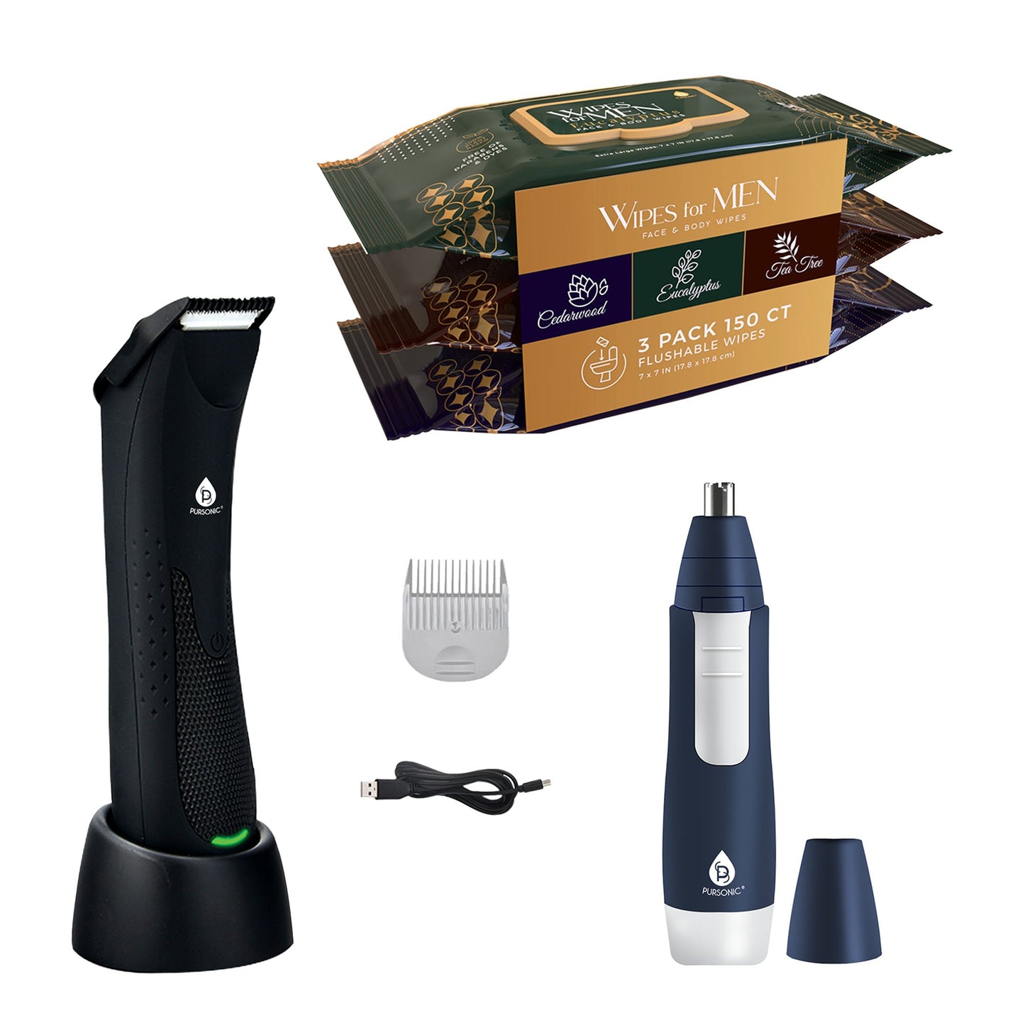 Pursonic – Mario Lopez Wireless Body Hair Trimmer & Shaver + Nose and Ear Hair Trimmer + Men’s Assorted Face and Body Wipes (3-Pack, 150 Wipes)-0