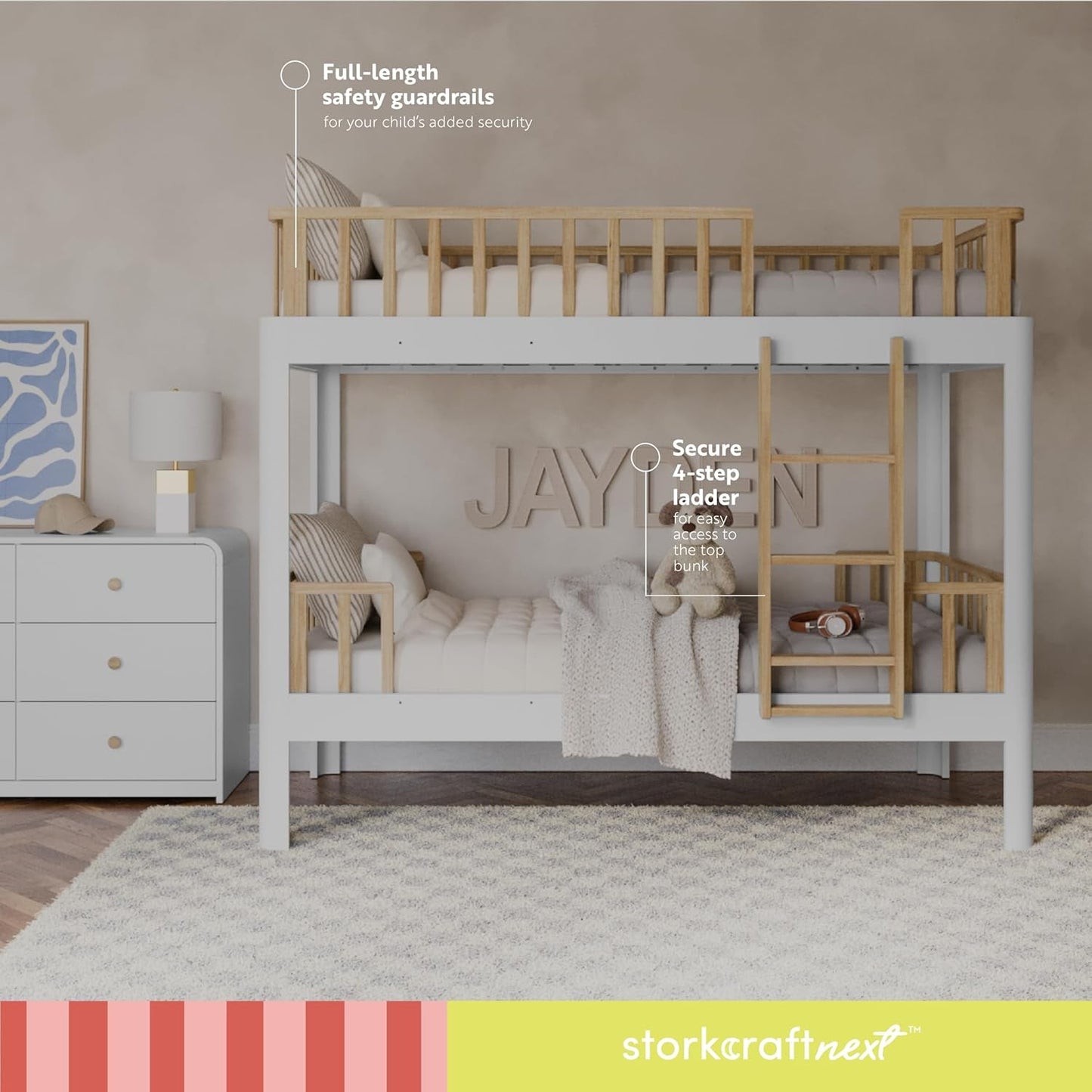 Next Santos Twin-Over-Twin 5-In-1 Convertible Bunk Bed (White with Natural) – GREENGUARD Gold Certified, Converts to Loft Bed and Twin Beds, Modern Style for Kids Room-3