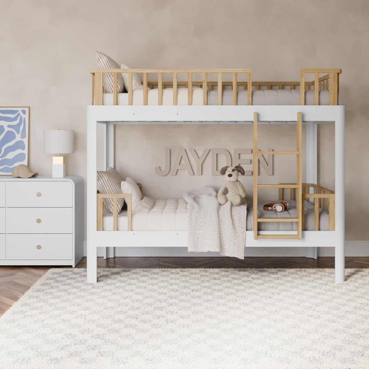 Next Santos Twin-Over-Twin 5-In-1 Convertible Bunk Bed (White with Natural) – GREENGUARD Gold Certified, Converts to Loft Bed and Twin Beds, Modern Style for Kids Room-1